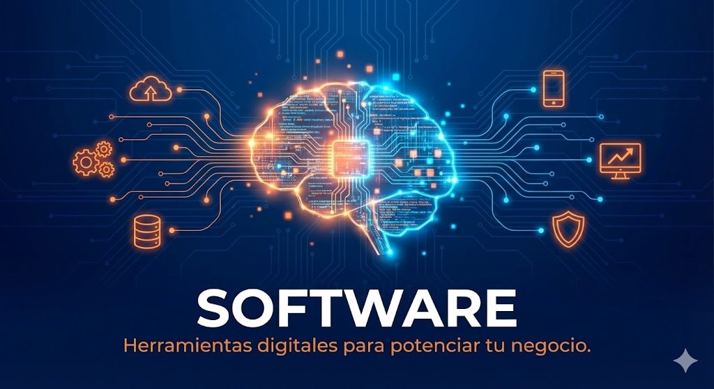 Banner de cabecera para la categoría de Software, utilizando los colores corporativos azul y naranja del blog. Una ilustración central de un cerebro digital brillante hecho de circuitos y datos actúa como núcleo, conectado mediante redes a iconos que representan servicios en la nube, analítica de crecimiento, seguridad cibernética, bases de datos y herramientas móviles. Incluye el texto titular blanco: "SOFTWARE" y el subtítulo naranja debajo: "Herramientas digitales para potenciar tu negocio.".