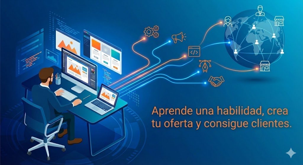 Banner ilustrativo de un profesional freelance trabajando remotamente en un escritorio multicapa. Desde su ordenador, líneas de conexión brillantes se extienden hacia iconos que representan habilidades digitales (diseño, código, marketing) y hacia una red global de clientes potenciales alrededor del mundo. Incluye el texto naranja: "Aprende una habilidad, crea tu oferta y consigue clientes.", resumiendo el objetivo de los cursos para ofrecer servicios.