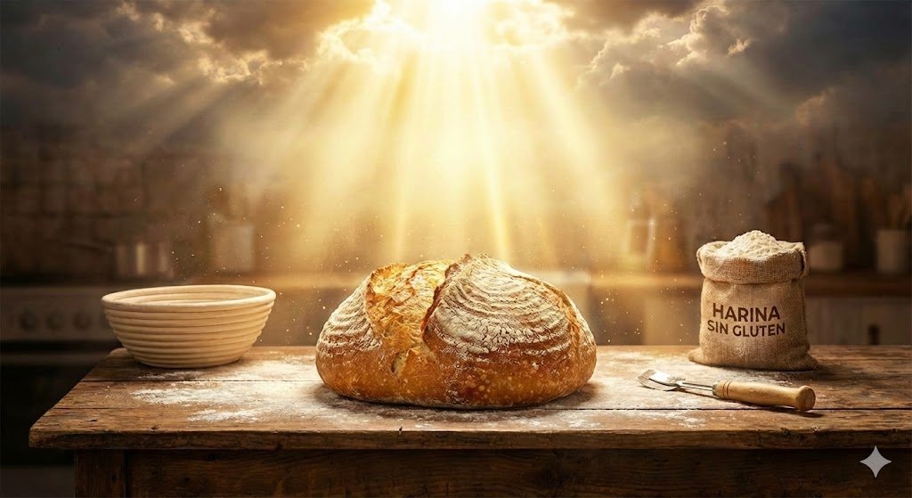 pan-sin-gluten-casero-artesano-perfecto.jpg Hogaza rústica de pan sin gluten casero (estilo masa madre) perfectamente horneada y con corteza crujiente, reposando sobre una mesa de madera antigua. Rayos de luz divina iluminan el pan desde unas nubes dramáticas, junto a un saco de "Harina Sin Gluten", un banneton y una cuchilla de panadero.