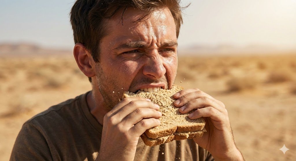hombre-comiendo-sandwich-seco-desierto.jpg Primer plano hiperrealista de un hombre sudoroso con expresión de disgusto, mordiendo con dificultad un sándwich extremadamente seco y arenoso que se desmorona, en medio de un desierto árido bajo el sol intenso.