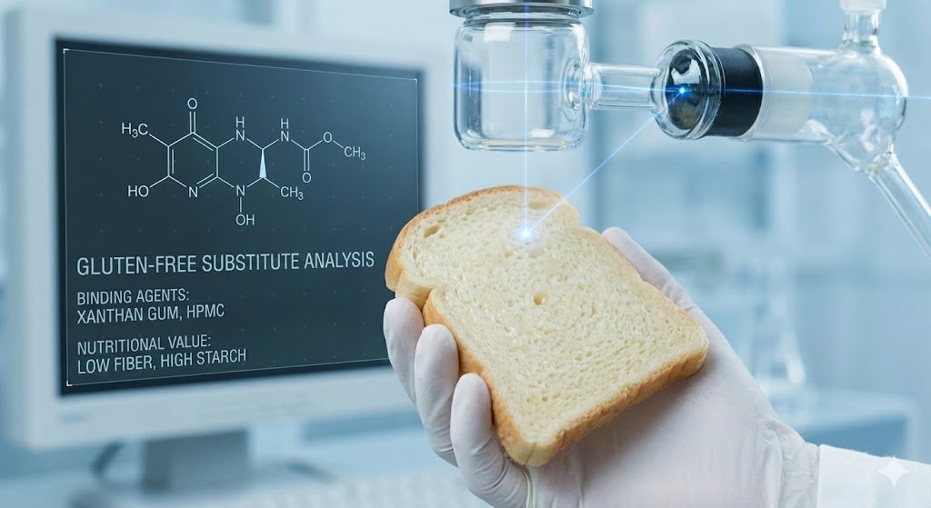 analisis-laboratorio-pan-sin-gluten-industrial-ingredientes-sinteticos-hpmc.jpg Análisis científico en laboratorio de una rebanada de pan sin gluten industrial procesado. Una mano con guante sostiene el pan bajo un escáner láser azul, mientras una pantalla muestra datos reveladores: "ANÁLISIS DE SUSTITUTO SIN GLUTEN", confirmando agentes aglutinantes sintéticos como "GOMA XANTANA, HPMC" y un perfil nutricional pobre de "BAJA FIBRA, ALTO ALMIDÓN".