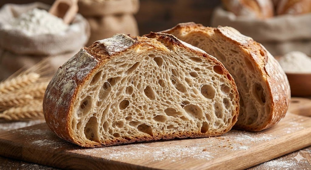 estructura-miga-pan-con-gluten-masa-madre.png "Fotografía en primer plano de un pan de masa madre artesanal cortado, revelando una miga abierta y elástica con grandes alvéolos, una clara demostración visual de la red de gluten (gliadina y glutenina) en acción. La corteza crujiente y la harina sobre la tabla de madera complementan la escena de panadería."