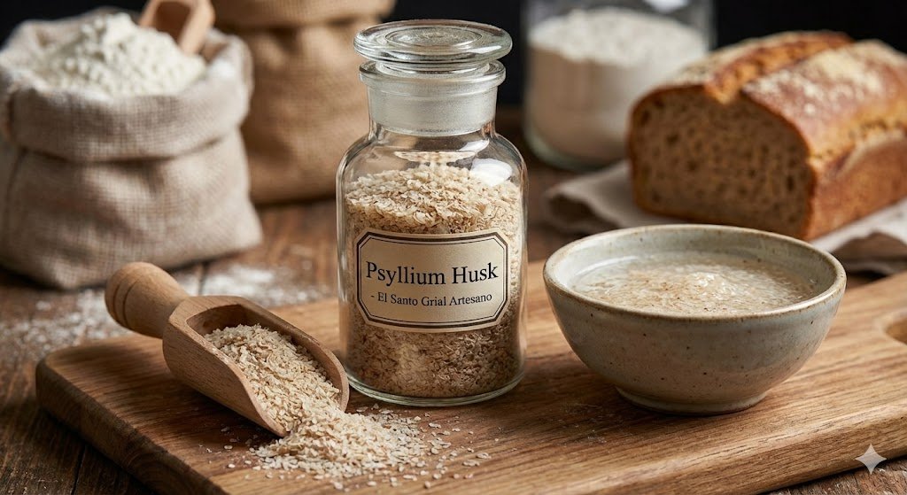 psyllium-husk-aglutinante-natural-pan-sin-gluten-artesano.png "Fotografía de bodegón que muestra cáscara de psyllium husk (etiquetado como el \"Santo Grial Artesano\") en un tarro de cristal y una cuchara de madera. A su lado, un bol con psyllium mezclado con agua formando un gel aglutinante, el sustituto clave del gluten para lograr elasticidad en el pan artesano sin gluten que se aprecia al fondo."