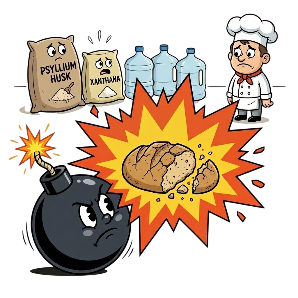 unnamed (69)-Photoroom Ilustración de cómic que muestra una bomba explotando un pan duro y seco con el texto \"¡BOOM!\". Un panadero triste observa sacos de psyllium husk y goma xantana junto a botellas de agua vacías, representando el error común de falta de hidratación en la panificación sin gluten