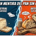 Ilustración de estilo cómic dividida por un rayo, que contrasta un pan industrial sin gluten etiquetado como "LA MENTIRA" y "ULTRA-PROCESSED", con un precio de "12€/kg = CARTÓN", desmoronándose en un supermercado oscuro, frente a un pan artesano sin gluten de masa madre con corteza dorada, etiquetado como "LA VERDAD" y "NATURAL FERMENTATION", con ingredientes como "PSYLLIUM HUSK" y "WHOLE GRAINS" en un entorno cálido y rústico. El título superior dice "LA GRAN MENTIRA DEL PAN SIN GLUTEN".