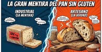 Ilustración de estilo cómic dividida por un rayo, que contrasta un pan industrial sin gluten etiquetado como "LA MENTIRA" y "ULTRA-PROCESSED", con un precio de "12€/kg = CARTÓN", desmoronándose en un supermercado oscuro, frente a un pan artesano sin gluten de masa madre con corteza dorada, etiquetado como "LA VERDAD" y "NATURAL FERMENTATION", con ingredientes como "PSYLLIUM HUSK" y "WHOLE GRAINS" en un entorno cálido y rústico. El título superior dice "LA GRAN MENTIRA DEL PAN SIN GLUTEN".