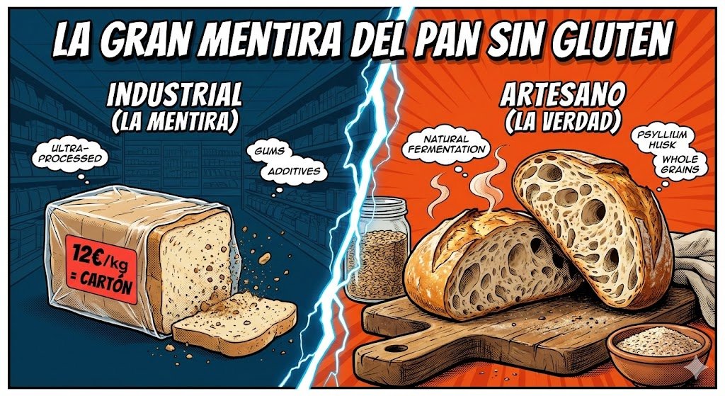 Ilustración de estilo cómic dividida por un rayo, que contrasta un pan industrial sin gluten etiquetado como "LA MENTIRA" y "ULTRA-PROCESSED", con un precio de "12€/kg = CARTÓN", desmoronándose en un supermercado oscuro, frente a un pan artesano sin gluten de masa madre con corteza dorada, etiquetado como "LA VERDAD" y "NATURAL FERMENTATION", con ingredientes como "PSYLLIUM HUSK" y "WHOLE GRAINS" en un entorno cálido y rústico. El título superior dice "LA GRAN MENTIRA DEL PAN SIN GLUTEN".