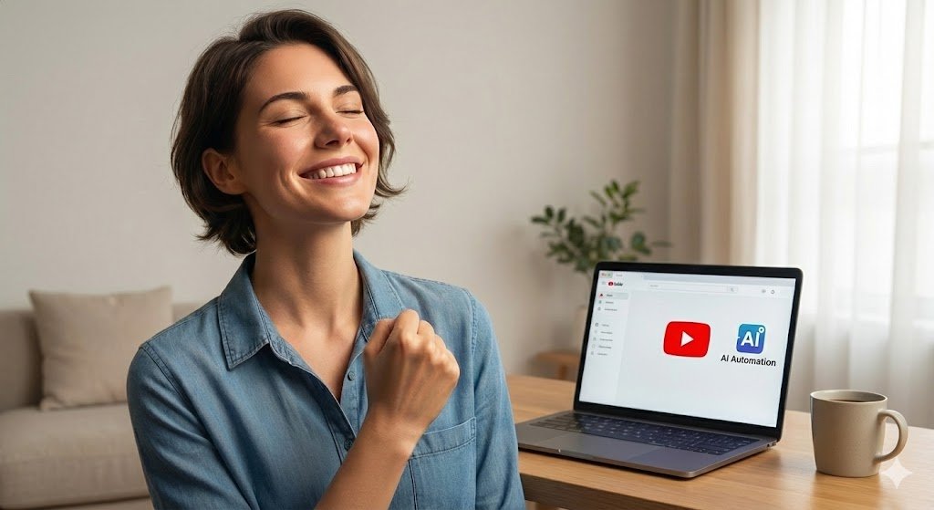 "Mujer emprendedora sonriendo triunfante con los ojos cerrados y el puño cerrado en su oficina en casa minimalista, celebrando los resultados de su negocio de automatización de YouTube con IA visible en la pantalla de su laptop. Representación visual de la mentalidad de éxito y la libertad financiera lograda con inteligencia artificial."