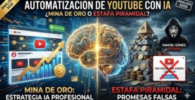 Infografía comparativa que analiza la Automatización de YouTube con IA en 2026. A la izquierda, representa una "Mina de Oro" con estrategia profesional y cerebro tecnológico. A la derecha, alerta sobre una "Estafa Piramidal" y promesas falsas, mencionando explícitamente el caso "Samuel Gómez" y los esquemas de "ver vídeos por dinero".