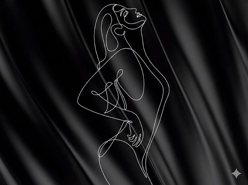 arte-lineal-blanco-silueta-mujer-sensual-fondo-seda-negra-drapeada-lujo.jpg Ilustración de arte lineal blanco continuo mostrando la silueta sensual de una mujer de perfil mirando hacia arriba, con una mano en la cadera, sobre un fondo de lujosa tela de seda negra satinada con pliegues profundos y drapeado elegante. Estilo minimalista y sofisticado de belleza y moda