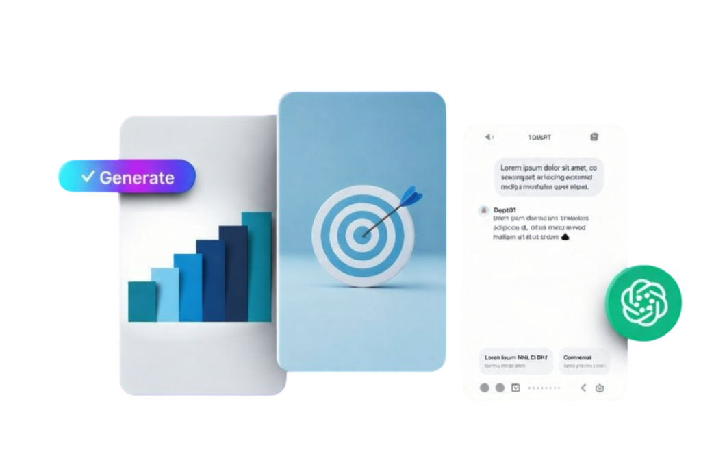 Ilustración de sistema de captación de leads con inteligencia artificial, panel con gráficos de crecimiento, segmentación de prospectos y automatización de marketing digital para generar clientes online