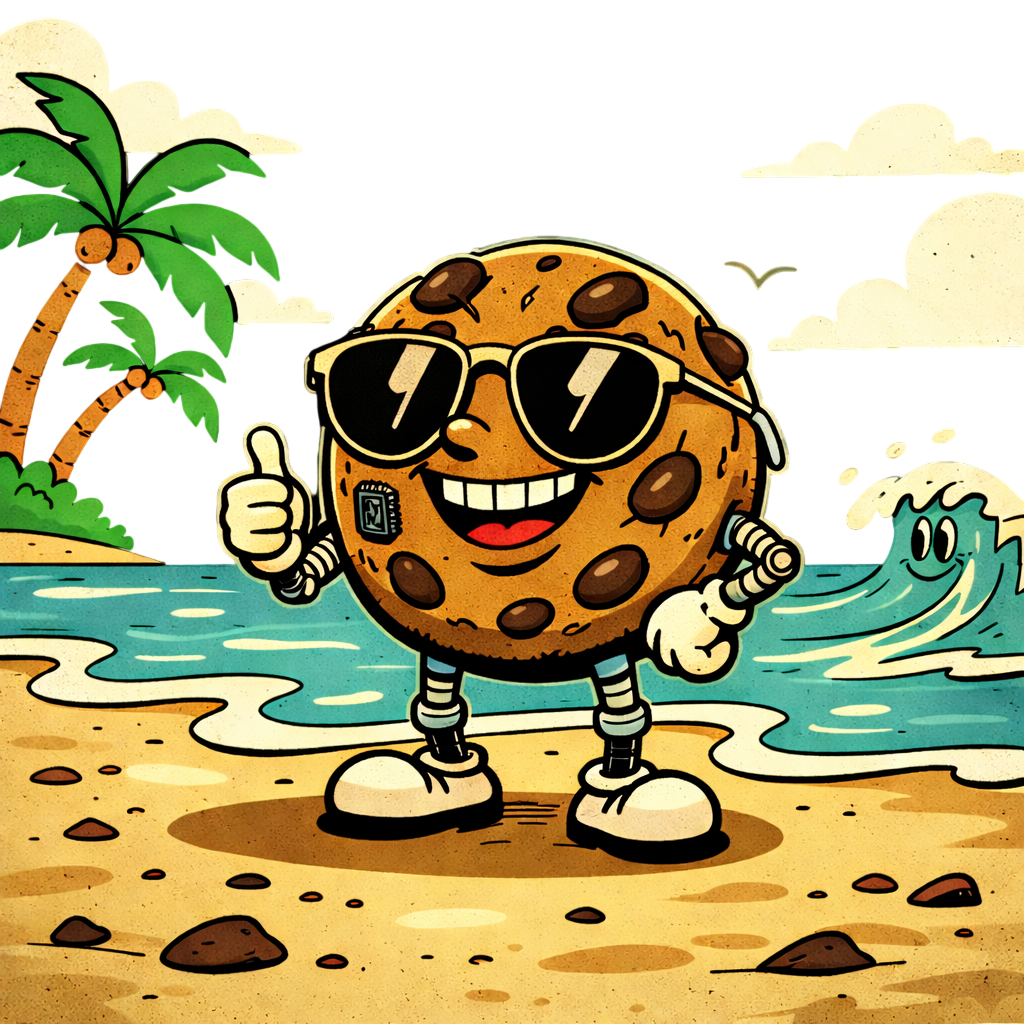 mascota-galleta-estilo-cuphead-branding-marca-digital-ilustracion.png Ilustración de mascota tipo galleta con brazos robóticos en la playa, estilo Cuphead retro, usada como personaje para branding y marca digital online