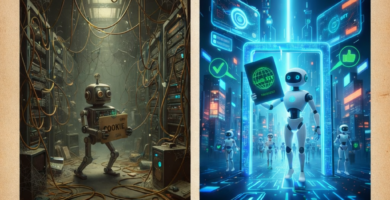 "Infografía editorial hiperrealista que muestra la evolución del marketing de afiliados: desde los protocolos antiguos de engranajes mecánicos, pasando por el mecanismo SGE con agentes de IA, hasta la optimización de motores de respuesta (AEO) en una ciudad digital futurista."