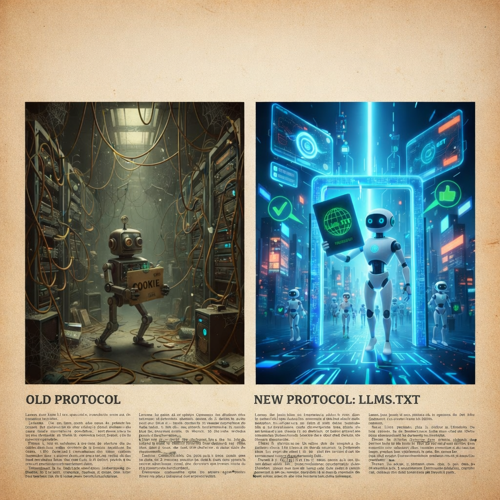 old-protocol-vs-llms-txt-inteligencia-artificial-automatizacion-marketing-digital.png Comparativa entre sistema antiguo y nuevo protocolo llms.txt para inteligencia artificial, automatización de contenidos y marketing digital con IA