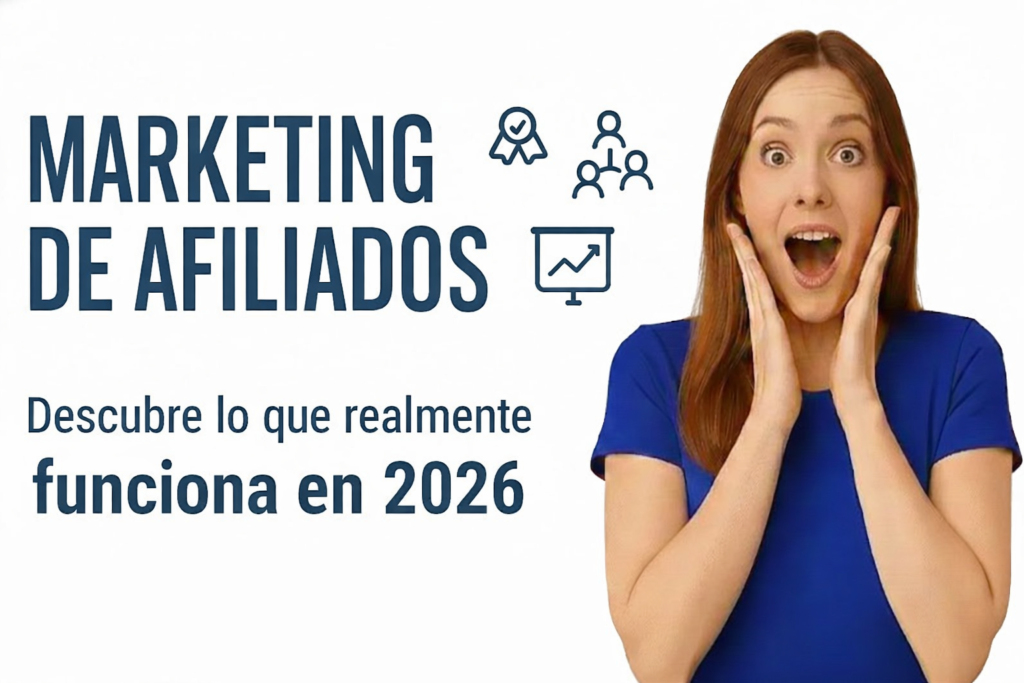 marketing-afiliados-estrategias-2026-guia-exito.webp Mujer sorprendida analizando tendencias de marketing de afiliados para 2026 sobre fondo blanco con iconos de red de contactos y analítica de ventas.