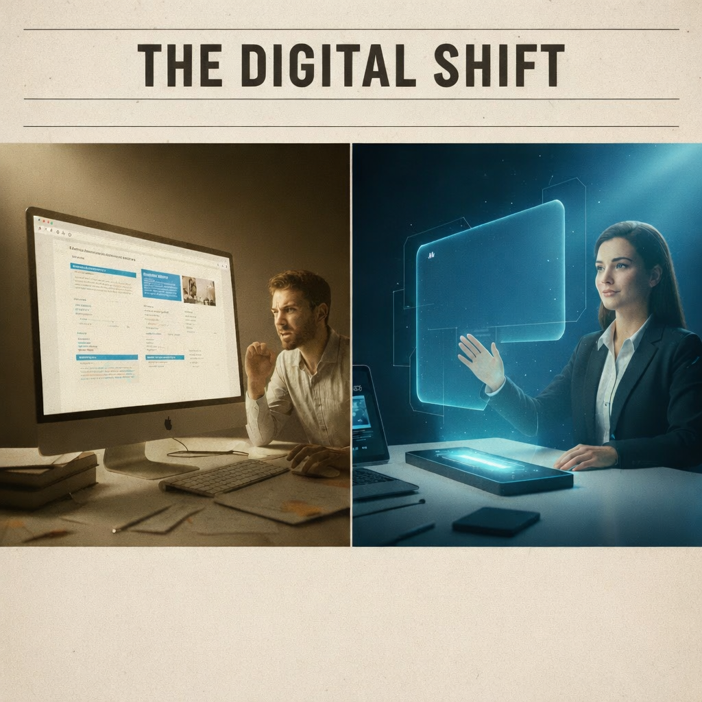 cambio-digital-marketing-afiliados-inteligencia-artificial-negocio-online.jpg Ilustración del cambio digital en el marketing online: hombre trabajando con ordenador tradicional frente a mujer utilizando interfaz holográfica de inteligencia artificial para negocios digitales y marketing de afiliados