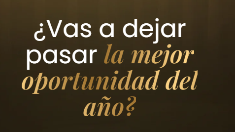 Texto publicitario de alto impacto sobre un fondo con degradado bronce premium que pregunta: "¿Vas a dejar pasar la mejor oportunidad del año?". La tipografía combina blanco con cursiva en dorado para resaltar el concepto de "mejor oportunidad", diseñada para generar urgencia y escasez en la etapa de cierre de un lanzamiento de infoproductos.