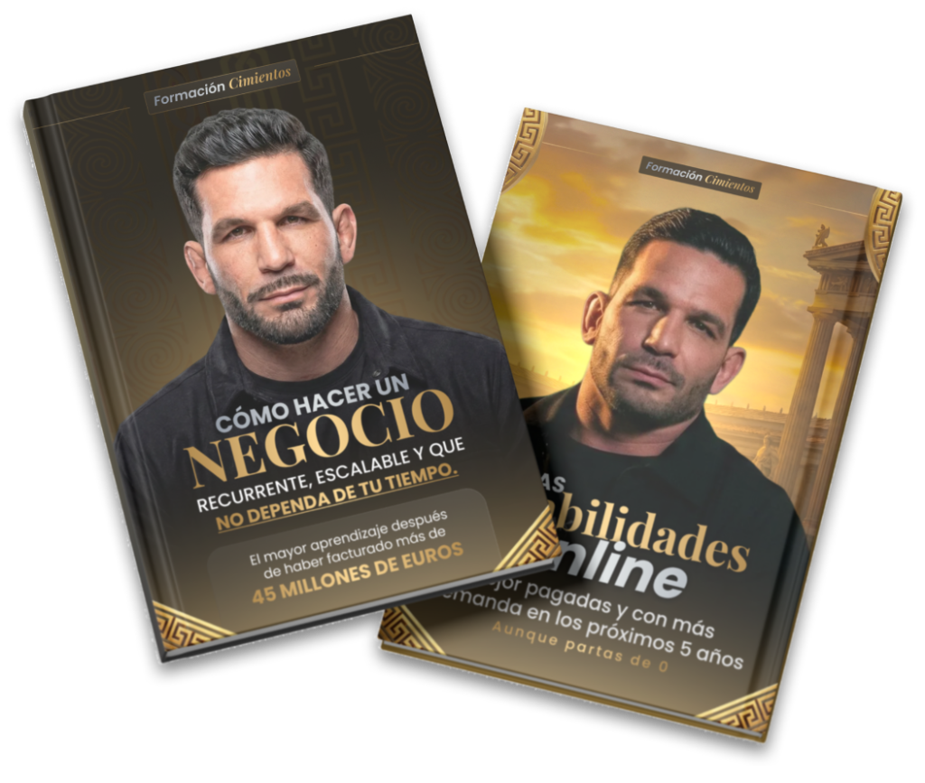 Mockup premium de dos libros de la "Formación CIMIENTS" de Adri Kastel. Las portadas, con un diseño elegante en negro y dorado, presentan los pilares del programa: "Cómo hacer un negocio recurrente, escalable y que no dependa de tu tiempo" y "Las habilidades online mejor pagadas". La imagen proyecta autoridad, éxito empresarial y formación de alto nivel para emprendedores digitales que buscan libertad y facturación.