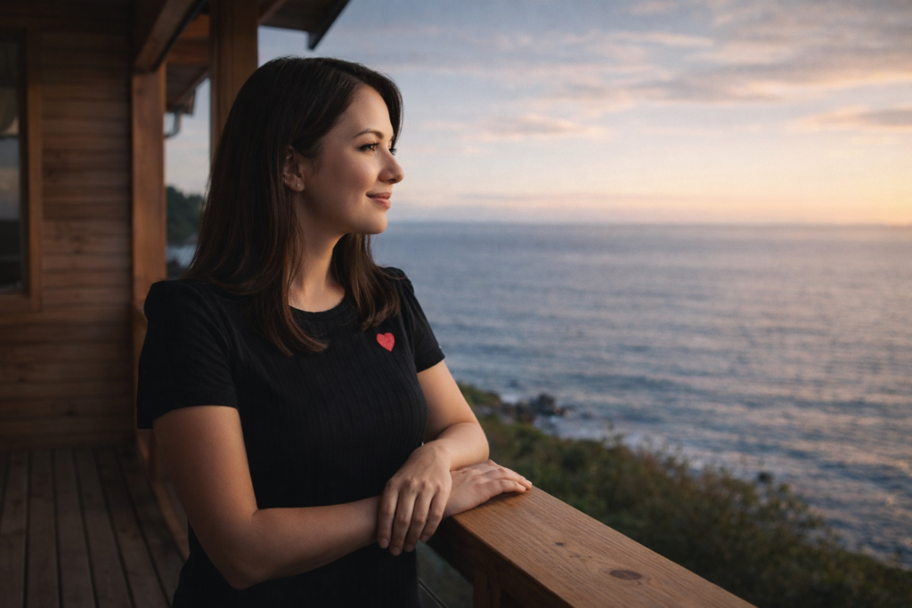 emprendedora-exito-libertad-financiera-negocio-online-vistas-mar.jpg Emprendedora de éxito contemplando el mar desde su casa representando libertad financiera gracias a negocio online