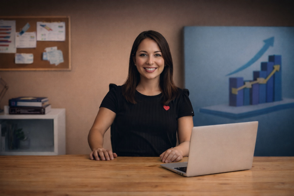 emprendedora-marketing-digital-trabajando-negocio-online-growth-marketing.jpg Emprendedora de marketing digital trabajando con portátil en oficina representando crecimiento de negocio online