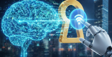 Ilustración de inteligencia artificial y ciberseguridad con cerebro digital y mano robótica activando sistema de protección de datos