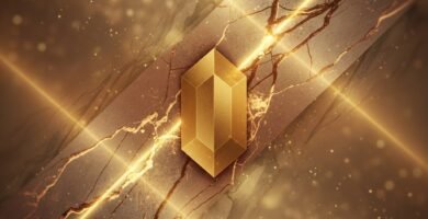 Imagen conceptual de marca premium para el ecosistema de Adri Kastel. Presenta un poliedro de cristal ámbar y oro en el centro, irradiando haces de luz dorada que agrietan una superficie de piedra gris industrial. La estética representa la solidez de los "Cimientos" y la energía de la transformación empresarial, manteniendo una paleta de colores bronce y gris oscuro sin elementos de texto para su uso como imagen destacada.