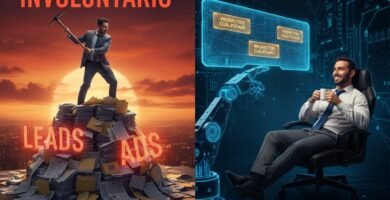 Infografía comparativa del curso de Juan Merodio sobre imanes de prospectos con IA: un emprendedor agobiado frente a un sistema de captación automatizado.