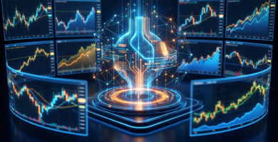 sistema de trading automático con inteligencia artificial analizando gráficos de mercados financieros en múltiples pantallas