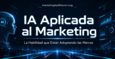 Imagen destacada futurista sobre IA aplicada al marketing, con interfaz tecnológica, gráficos digitales y el texto marketingdeafiliacion.org, representando cómo la inteligencia artificial está transformando las estrategias de las marcas.