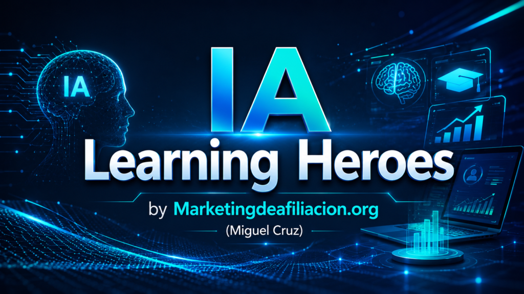 ia-learning-heroes-marketingdeafiliacion-miguel-cruz.webp Imagen destacada de IA Learning Heroes by Marketingdeafiliacion.org con diseño tecnológico futurista, enfocada en inteligencia artificial, formación digital y reseña de Miguel Cruz