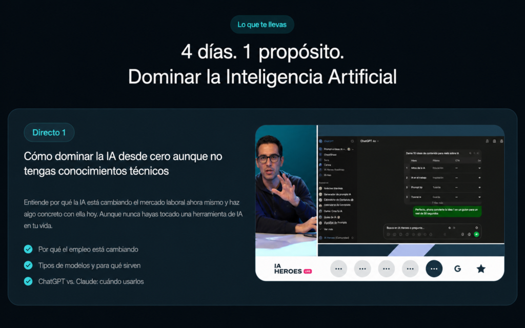 ia-heroes-pro-dominar-inteligencia-artificial-4-dias.webp Banner de IA Heroes Pro sobre formación para dominar la inteligencia artificial en 4 días, con directo práctico, herramientas de IA y aprendizaje desde cero