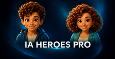 Banner de IA Heroes Pro con dos avatares animados sobre fondo tecnológico azul, enfocado en formación de inteligencia artificial, productividad digital y agentes de IA