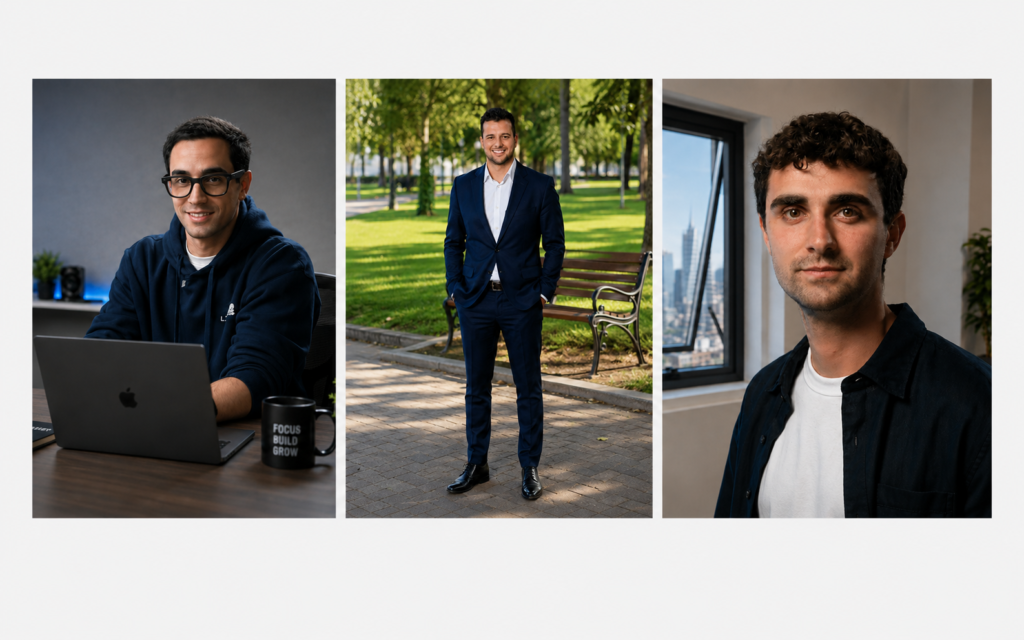collage-retratos-profesionales-negocios-digitales-oficina-parque.webp Collage de tres retratos profesionales con hombre trabajando con portátil en oficina, ejecutivo sonriente en un parque y retrato corporativo en oficina con ventana y vistas a la ciudad