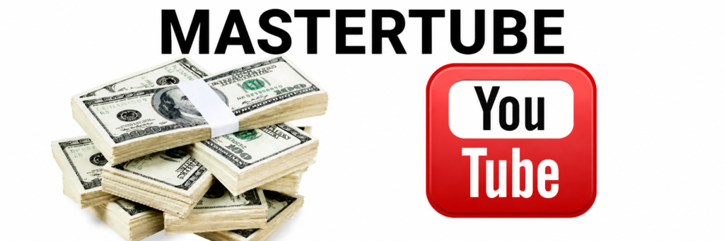 Banner de Mastertube sobre ganar dinero en YouTube con marketing online, mostrando fajos de billetes y el icono de YouTube en fondo blanco