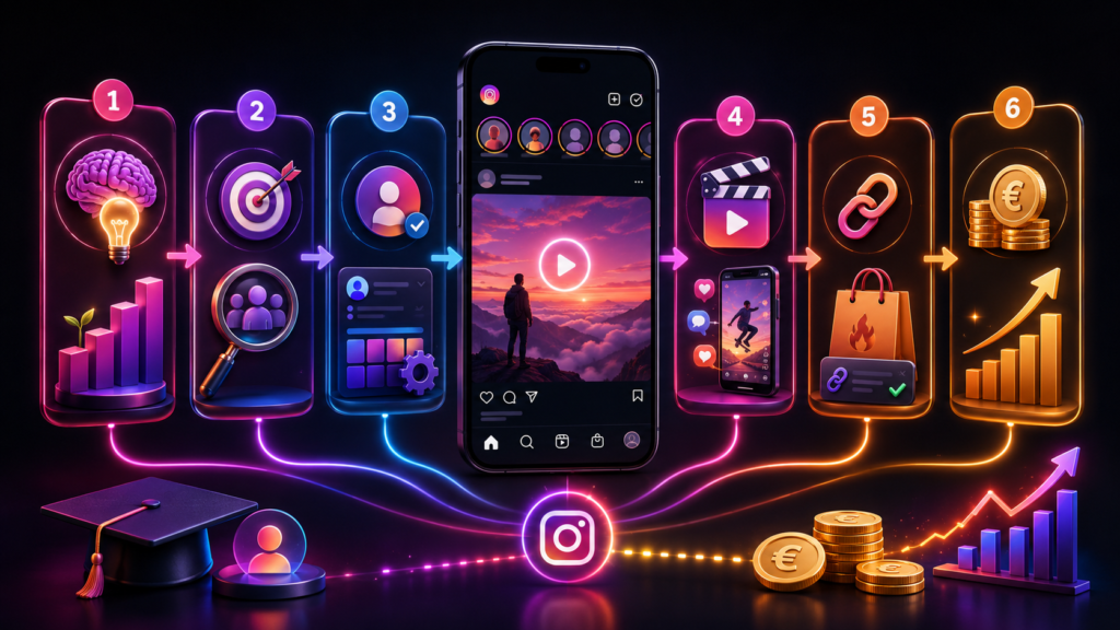 metodo-monetizagram-contenido-curso-instagram-afiliados-hotmart.png Ilustración del contenido del método Monetizagram, mostrando un proceso visual para crear cuentas temáticas de Instagram, publicar Reels, usar enlaces de afiliado y generar comisiones online con marketing de afiliados.