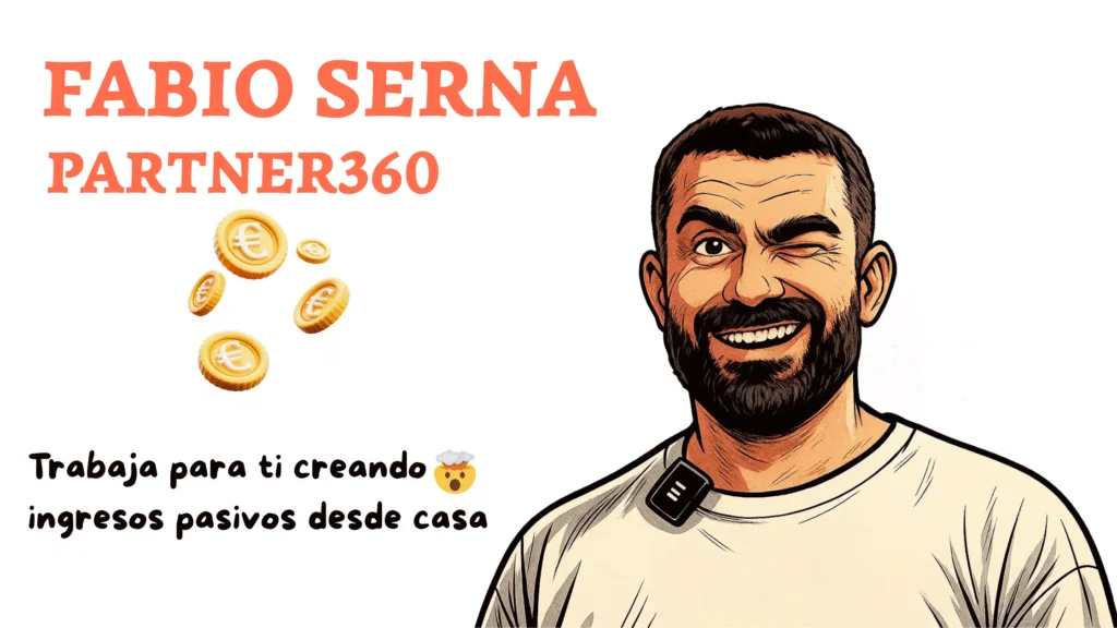 fabio-serna-partner360-ingresos-pasivos.webp Ilustración estilo retrato de Fabio Serna de Partner360, acompañando un mensaje sobre cómo trabajar desde casa generando ingresos pasivos mediante estrategias digitales, representado con iconos de monedas en euros