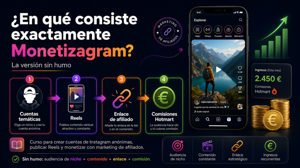 monetizagram-opiniones-en-que-consiste-marketing-afiliados-instagram.png Infografía sobre en qué consiste Monetizagram, mostrando el método para ganar dinero con Instagram mediante cuentas temáticas anónimas, Reels, marketing de afiliados y comisiones con Hotmart.
