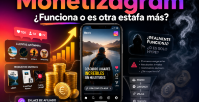 Imagen destacada de Monetizagram con móvil mostrando Reels de Instagram, monedas, cuentas anónimas y embudo de afiliación, representando si el método funciona o es una estafa para ganar dinero con Instagram en 2026.