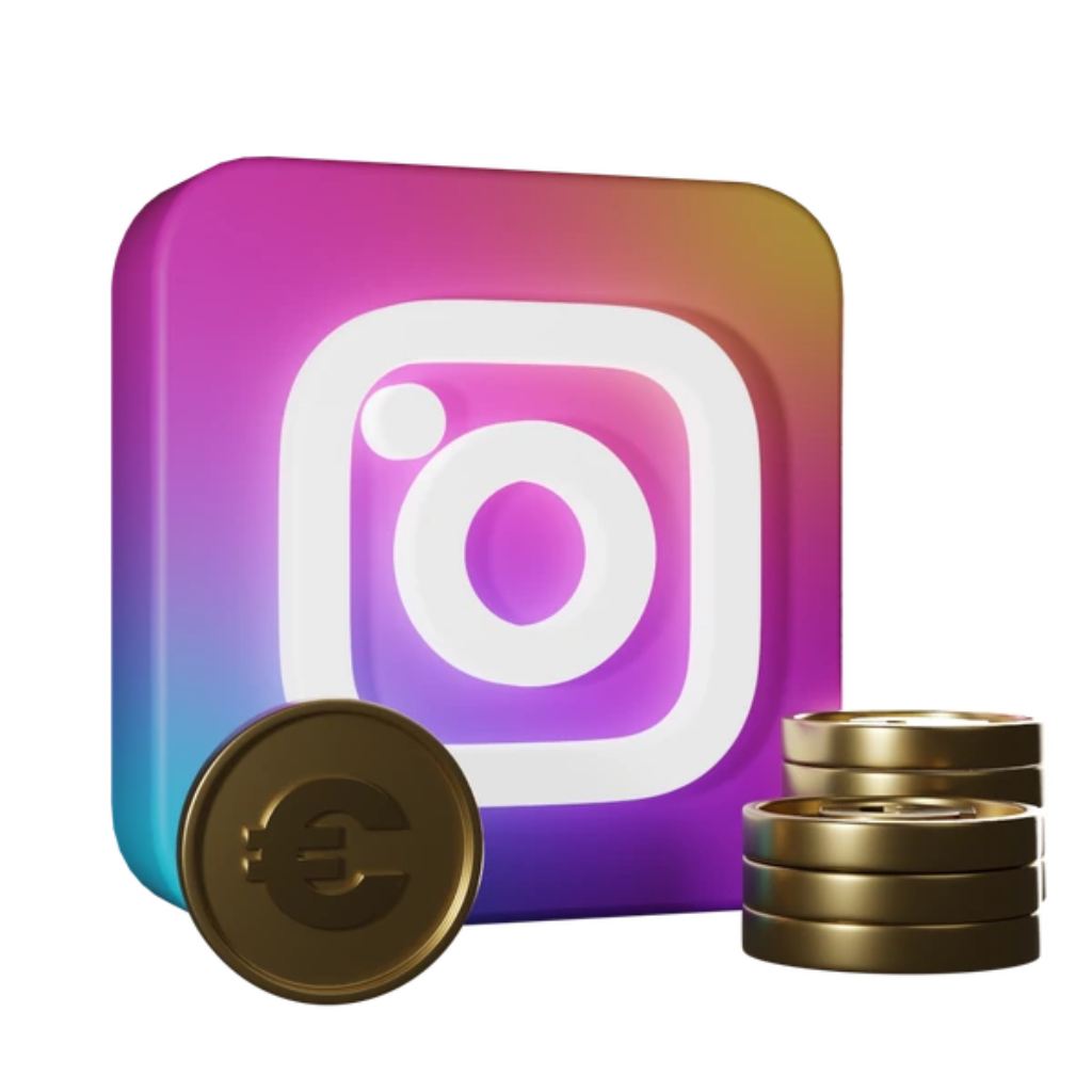 monetizar-instagram-ingresos-euros.jpg Representación 3D del logo de Instagram junto a una pila de monedas doradas con el símbolo de euro, ilustrando estrategias de monetización y generación de ingresos en la plataforma para creadores de contenido