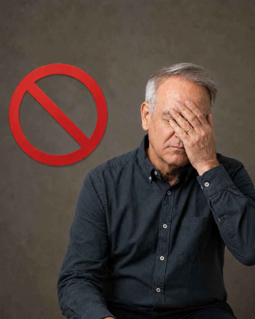 estafas-suplantacion-identidad-proteccion-fraudes.webp Hombre serio tapándose los ojos junto a una señal de prohibición, en rechazo a las estafas y la suplantación de identidad.