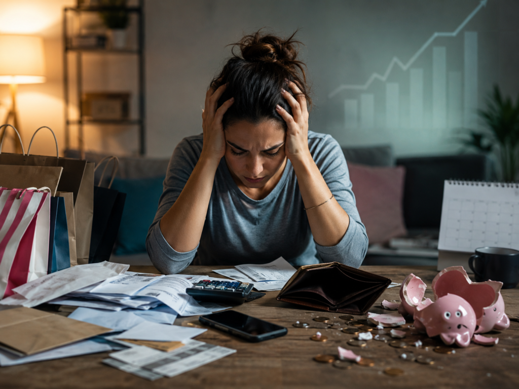 inmadurez-financiera-estres-deudas-ahorro-roto.webp Mujer preocupada ante facturas, una cartera vacía y una hucha rota, representación de las consecuencias de la inmadurez financiera.